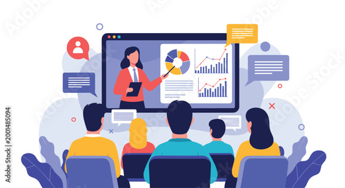 Audience watching an online business presentation on a large screen with a professional female speaker and data charts for learning.