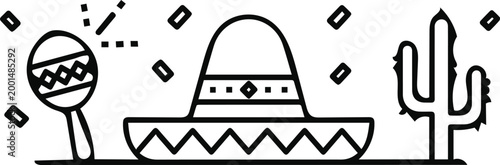 Mexican sombrero hat with maraca and cactus