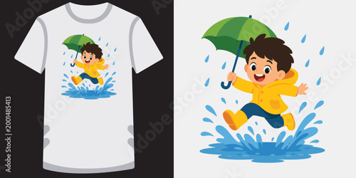Happy little boy in yellow raincoat jumping in water puddle holding green umbrella.