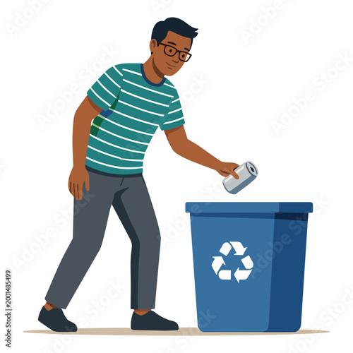 Man throwing can into recycling bin on street
