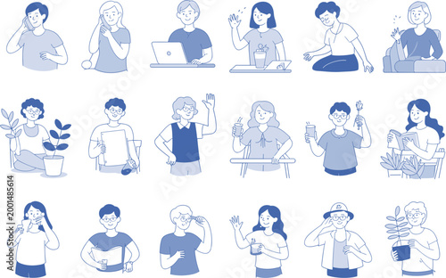 People communication set, hand drawn characters collection with calling waving chatting and using laptop smartphone digital interaction