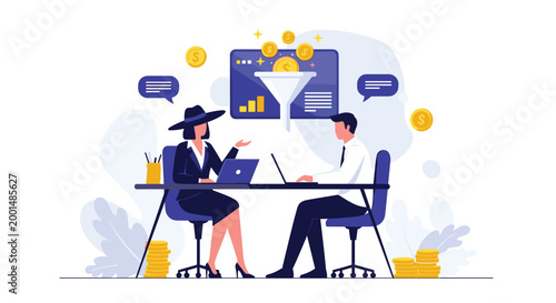 Business team analyzing a digital financial funnel with gold coins and data charts on a large screen in the office for sales growth.