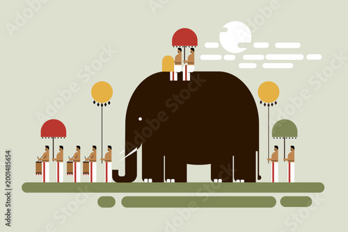 Stylised illustration of a traditional Kerala temple festival procession with a decorated elephant, ceremonial parasols, and performers, representing South Indian cultural heritage