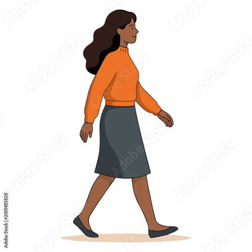 A woman walks quickly in an office setting wearing casual clothes