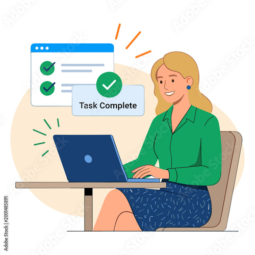 Woman completes task on laptop with checklist and confirmation