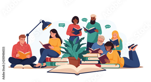 Group of diverse people sitting and standing together while enjoying reading their favorite books in a peaceful and quiet setting.