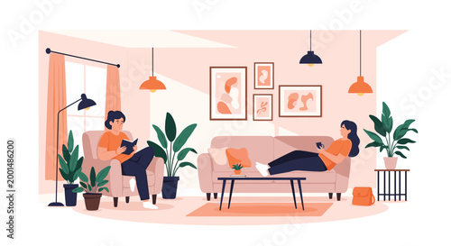 Couple relaxing in a cozy living room where one person is reading on an armchair while the other lies on a sofa with a cup of coffee.