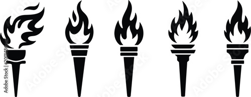 Torch flame silhouettes set, burning fire icons collection with abstract flames and heat symbols
