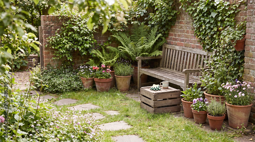 Εκτύπωση καμβά Rustic garden nook with a worn wooden bench and lush potted plants in terracotta pots on a sunny day