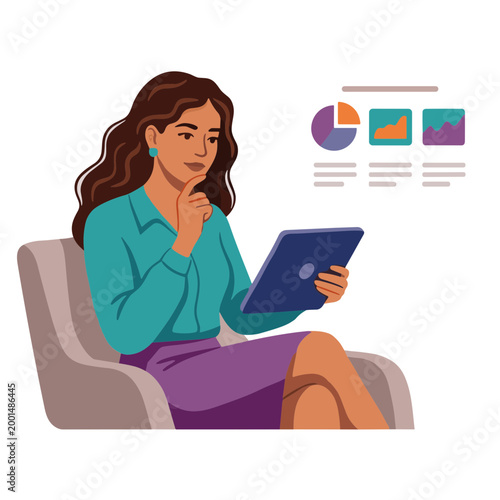 A woman sits on a couch analyzing data on a tablet with graphs.