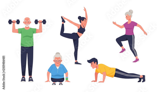Multi generational home workout vector set with young and senior people doing aerobic exercises and fitness training