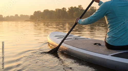 Photos Person on paddleboard enjoying peaceful morning on a calm lake with serene golden light and misty trees