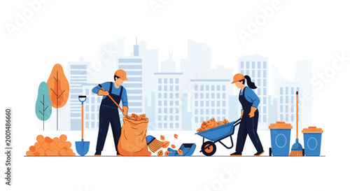 Two municipal workers in uniforms are busy cleaning up fallen autumn leaves in a city park with a rake, a wheelbarrow, and large waste bags.