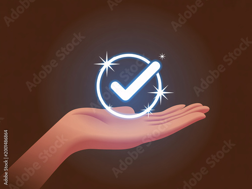 A hand holding a glowing checkmark in a circle with sparkles