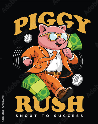 Running pig mascot character in a business suit with flying money for 
