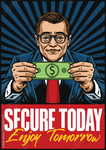 Retro old money character wearing a suit with money money in his hand