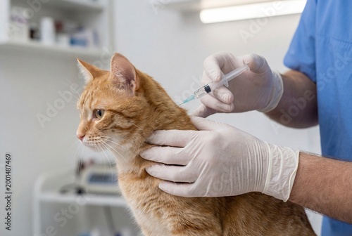 Professional Veterinarian Vaccinating a Ginger Cat in a Clinic