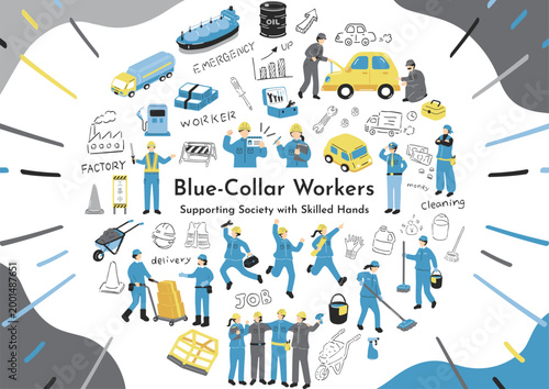ブルーカラー労働者たちの現場仕事と産業イラスト