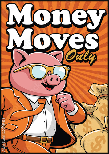 pink piggy bank mascot wearing glasses running