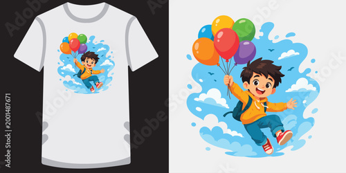 Little boy flying with colorful balloons, wearing backpack, cheerful child in sky clouds.