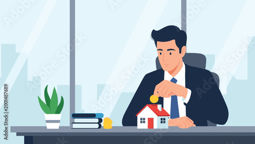 Business professional in an office setting putting a gold coin into a house-shaped piggy bank on his wooden desk.