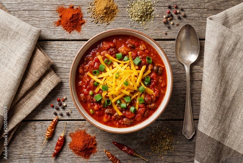 Flat Lay Composition of Chili Bowl with Fresh Ingredients