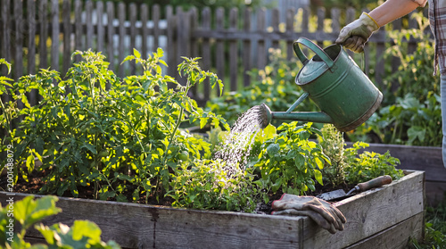 Tableau sur toile Gardener in work gloves waters lush green plants in a wooden raised garden bed during golden hour