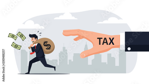 Conceptual illustration of a businessman running away with a bag of money to escape a giant hand representing taxes.