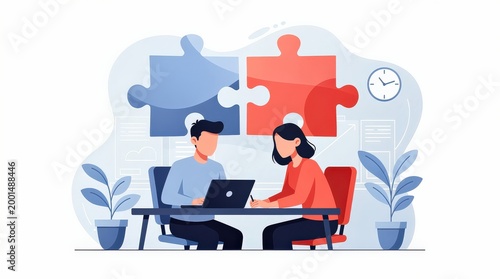 Two individuals collaborate at a desk, with a laptop and colorful puzzle pieces in the background, symbolizing teamwork and problem-solving.