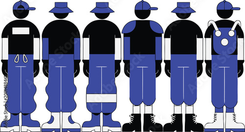 Set of six faceless characters wearing blue overalls and hats in a flat