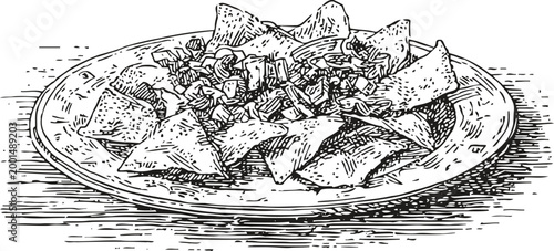 plate of nachos with melted cheese and toppings mexican appetizer snack with tortilla chips and seasoned garnish