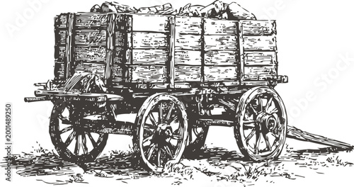 wooden vintage cart filled with stones, traditional rustic old fashioned wagon illustration
