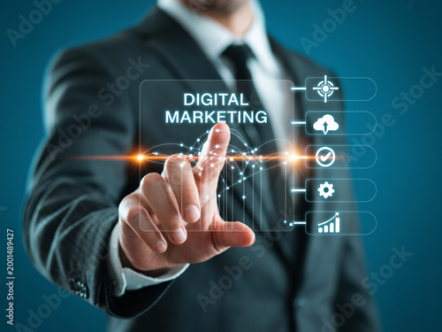 A businessman in a suit interacts with a digital marketing interface