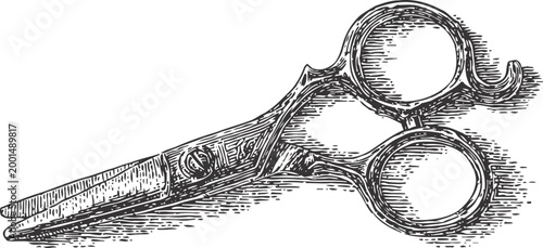 Vintage hair scissors illustration detailed black and white engraving barber tool precision cutting instrument