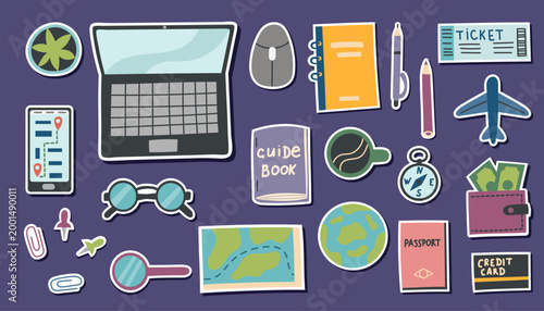 Travel planning essentials with laptop and accessories. Flat vector set of travel planning items stickers isolated. Travel cliparts.