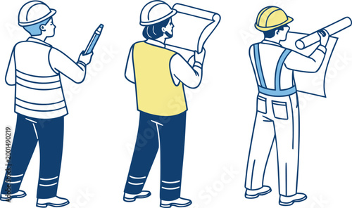 Three construction workers in hard hats holding blueprints and tools on white background