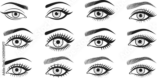 Various female eyes with different eyelash and eyebrow styles, black and white eyelashes eyebrows