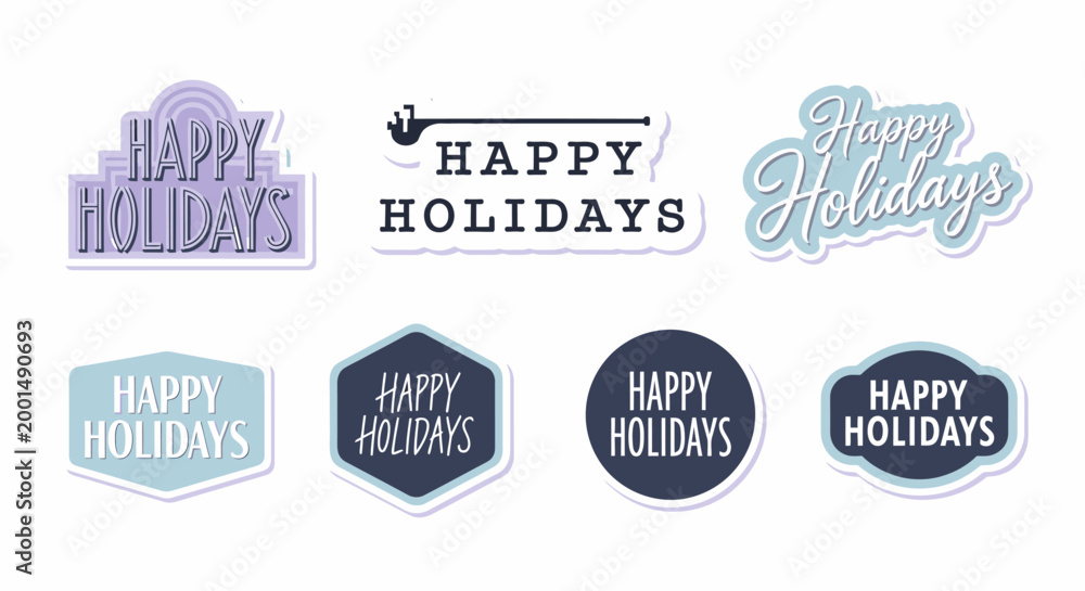 Obraz premium Modern Happy Holidays typography sticker set in blue and purple