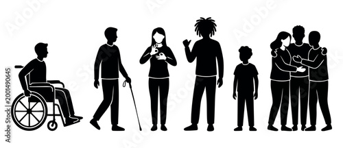 People with disabilities inclusive icon set, diverse group of characters including wheelchair user, blind person with cane, deaf sign language, and diverse community support in black silhouette design