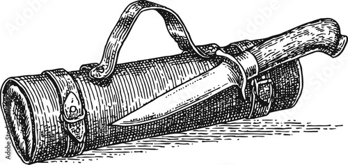 Vintage hunting knife with leather sheath hand drawn rustic fixed blade weapon with detailed handle and strap