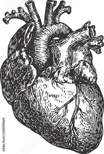 Detailed vintage anatomical illustration of human heart with arteries and veins in black and white