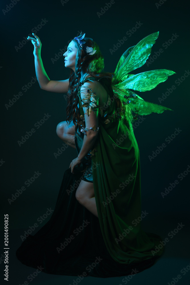 Fototapeta premium portrait of female model wearing fantasy fairy costume, green dress, cloak, butterfly wings and crown. full length crouching pose, isolated on dark studio background.
