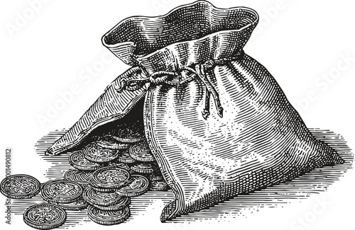 Vintage illustration of a money bag with coins spilling out on a white background