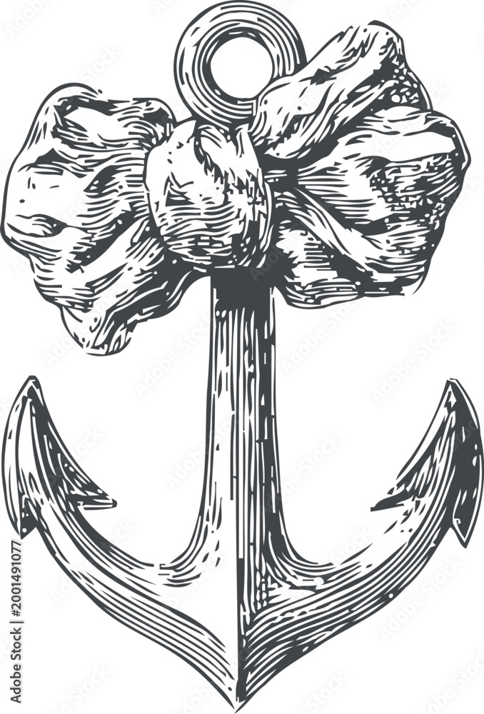 Fototapeta premium Vintage anchor with decorative bow tied at the top nautical symbol with maritime and sea elements