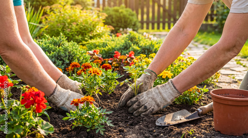 Cuadro en lienzo Close-up of two pairs of hands in gardening gloves planting young marigold flowers into fertile soil in a sunny garden