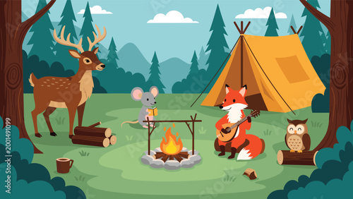Charming illustration of forest animals like a deer, fox, mouse, and owl camping together around a bonfire next to a yellow tent.