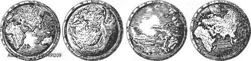Four detailed vintage world map illustrations in circular frames with various continental views