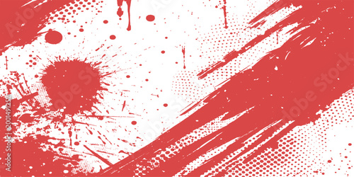 Abstract red paint splatters and brush strokes, a striking visual design with a modern, dynamic style.