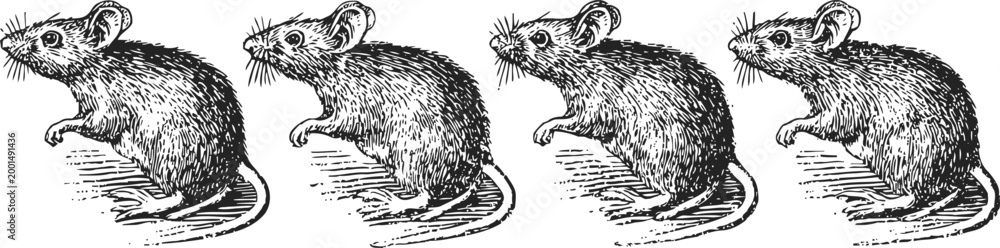 Fototapeta premium Vintage illustration of a small mouse in four different poses, detailed black and white sketches