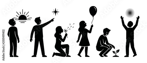 People silhouettes icons collection, diverse activities and lifestyle, set of simple vector human figures for design, isolated on white background, featuring children and adults in optimistic poses.